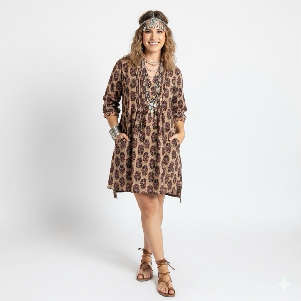 Jaded Gypsy Flowy Boho Printed Brown High-Low Dress One Size Hippie Festival NWT