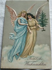 alte Weinachtskarte 2 Engel mir Christbaum Präge karte