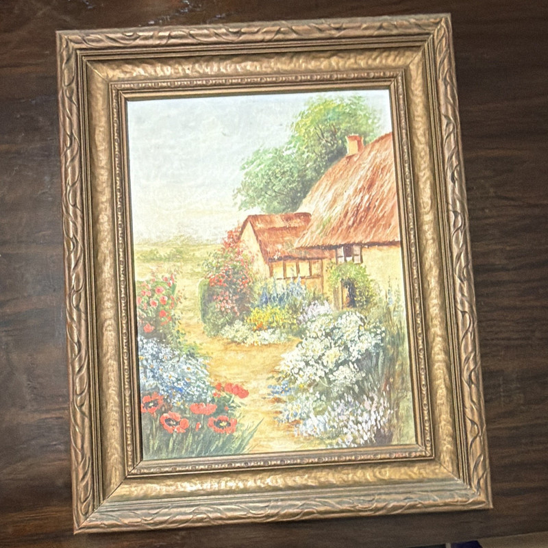 Vintage impressionist of an English Cottage Garden Oil on Board Painting Framed