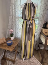 Nine West Maxi Dress Womens Size 4 Yellow Gray Striped Sleeveless Belted Chic