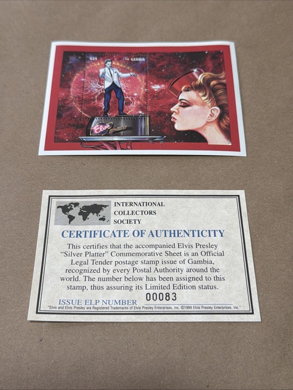 ELVIS PRESLEY UNUSED 1 Sheet The Gambia STAMP Silver Platter  C.O.A. FROM 1999