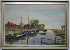 Dipinto olio paesaggio Strohauser Siel Germania settentrionale barche Emil Brose