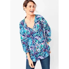 Talbots Paisley Tie Neck Popover Blouse Size 1X Blue Pink Green Orange