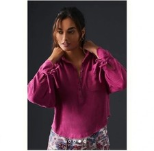 Pilcro Anthropologie Puff Sleeve Blouse Top Size XL Tie Cuffs Popover Boho Pink