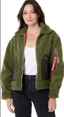 Alpha Industries Womens Cropped Sherpa Bomber Jacket Size M Green NWT