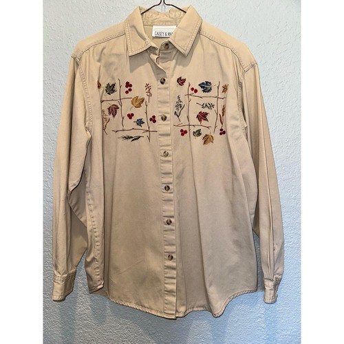 Camisa de franela hojas bordadas Casey & Max de colección con botones talla Lrg abuela  - Imagen 14 de 15