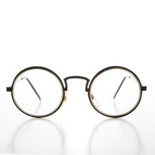 Black Round Clear Lens Pretend Vintage Eye Glasses with Gold Inlay - Oreo