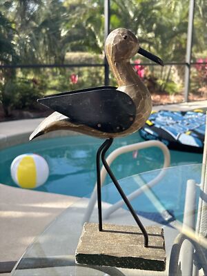 Vintage Distressed Wood & Metal 13  Sea Gull Bird Crane Figurine Sculpture