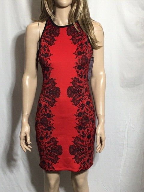 Junior's NWT B.Darlin Sheath Floral Lace High-Neck Bodycon Red Dress Junior's NWT B.Darlin Sheath Floral Lace High-Neck Bodycon Red Dress