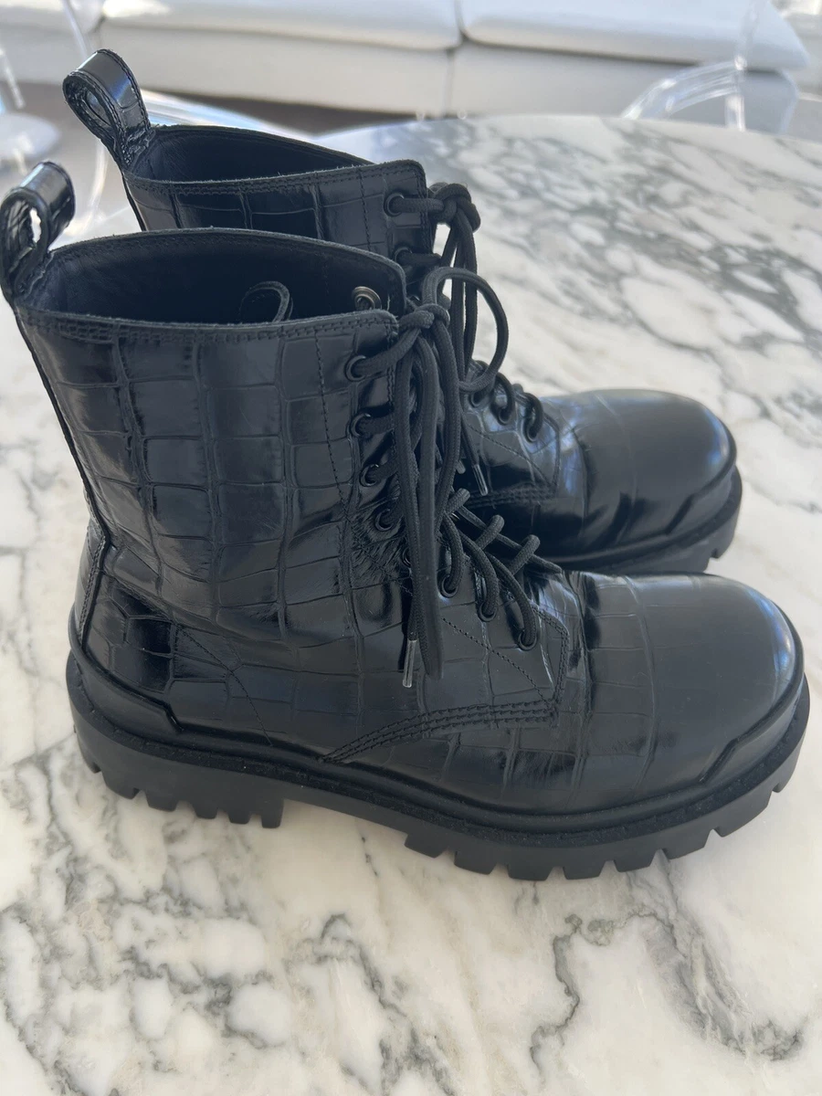 Balenciaga Women's Black Strike Croc Leather Combat Boots