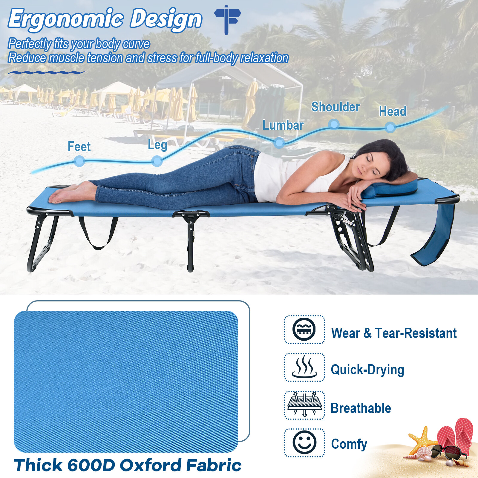 2 PCS Folding Face Down Tanning Chair, Beach Lounge Chair with Face