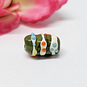 Artisan Lampwork Glass Barrel Drum Bead Green White Blue Hobnail Dot.