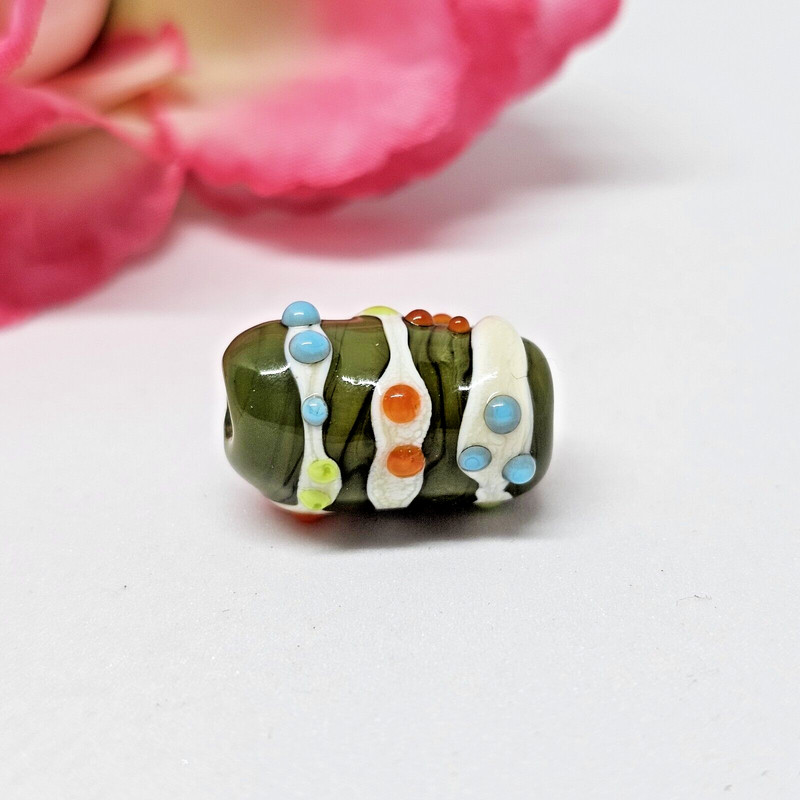 Artisan Lampwork Glass Barrel Drum Bead Green White Blue Hobnail Dot.