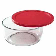 Pyrex 7203 7-Cup Round Glass Food Storage Bowl w/ 7402-PC Red Plastic Lid Cover