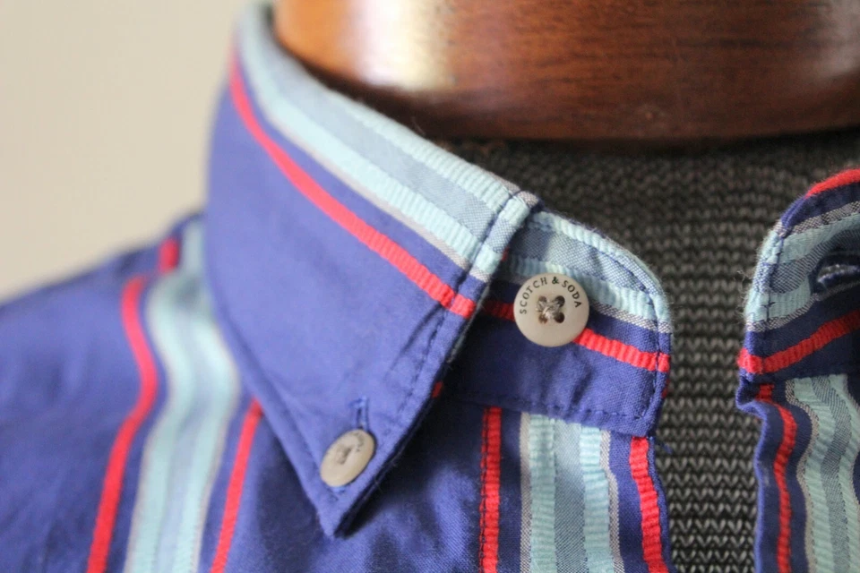 Camisa masculina manga longa Scotch and Soda listra vermelha azul tamanho grande - Imagem 3 de 4