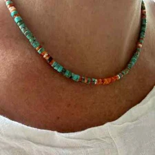Kingman Turquoise and Orange Spiny Oyster Necklace, Natural Organic Jewelry 4mm