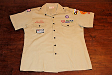 Boy Scouts of America BSA Men's Shirt Tan Large Sewn Patches Short Sleeve