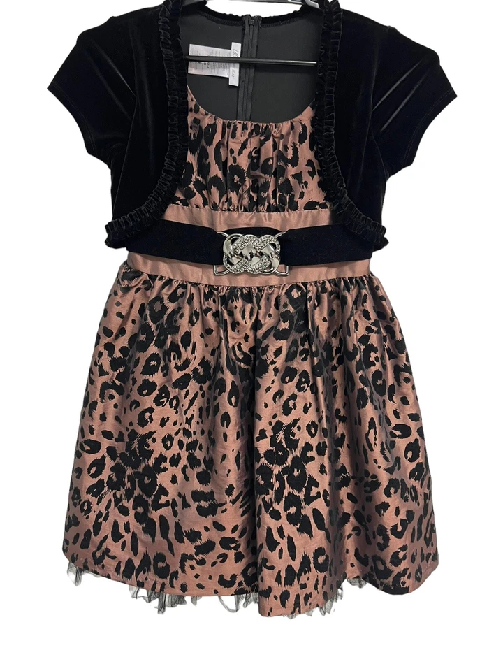 Vestido formal Bonnie Jean para niña manga corta marrón estampado de guepardo talla 14 Foto 2 de 4