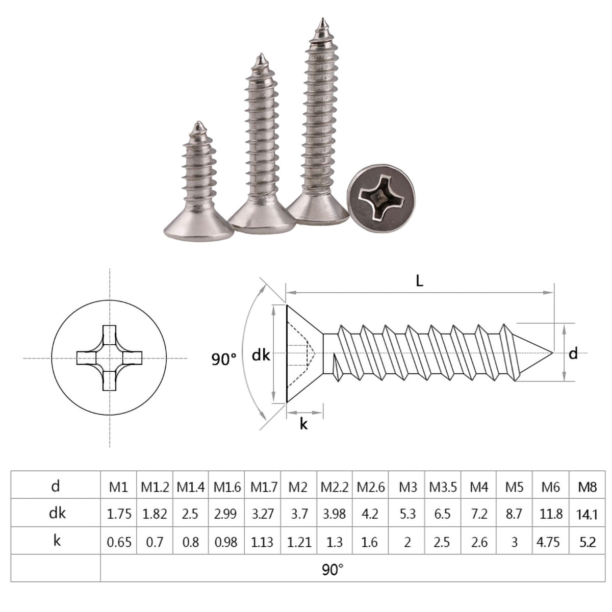 Flat Head Countersunk Self Tapping Screws M1 M8 A2 Stainless Steel
