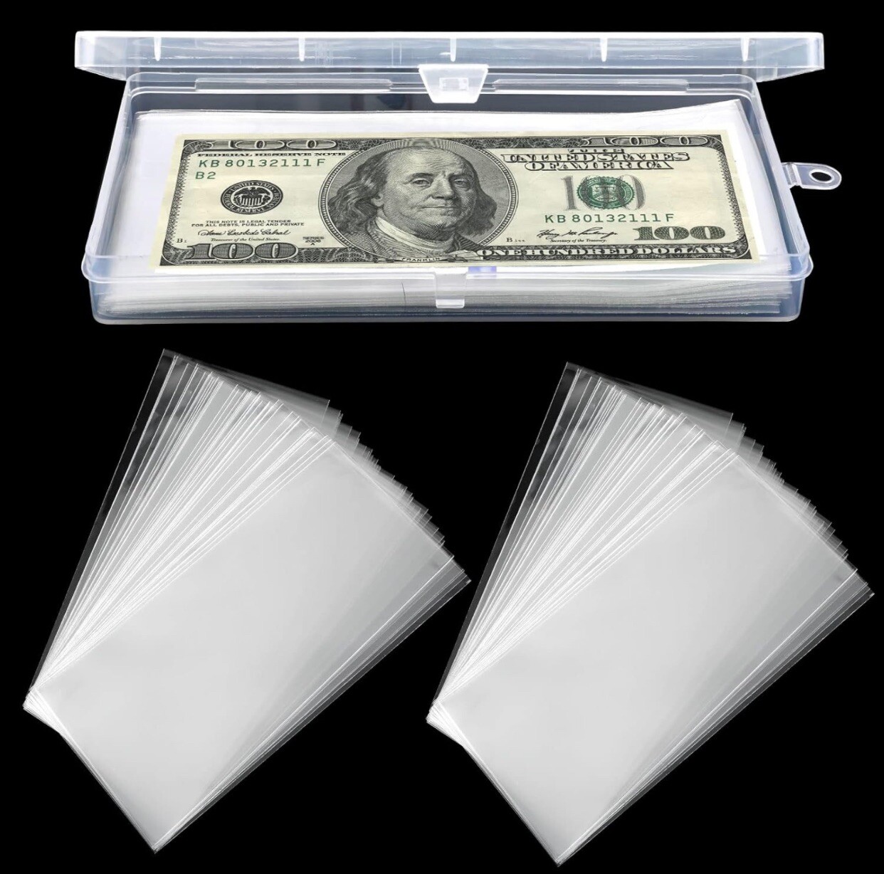Kit 100 Custodie Banconote in Plastica con Contenitore Organizzatore
