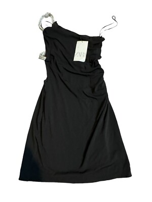 zara black mini dress with rhinestones Womens S Rhinestone shoulder Ruched Cut Out 7802/636 NWT Cut to a body