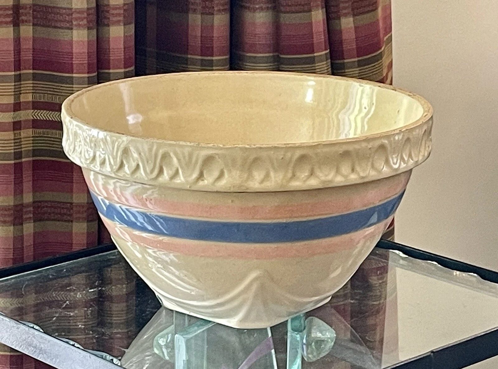 McCoy Yellow Ware Pink Blue Stripe Pie Crust Rim Square Base Mixing Bowl 9 1/2"