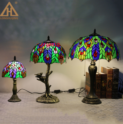 Tiffany Table Lamp Vintage Peacock Stained Glass Bedside Desk Lamp Light  Decor
