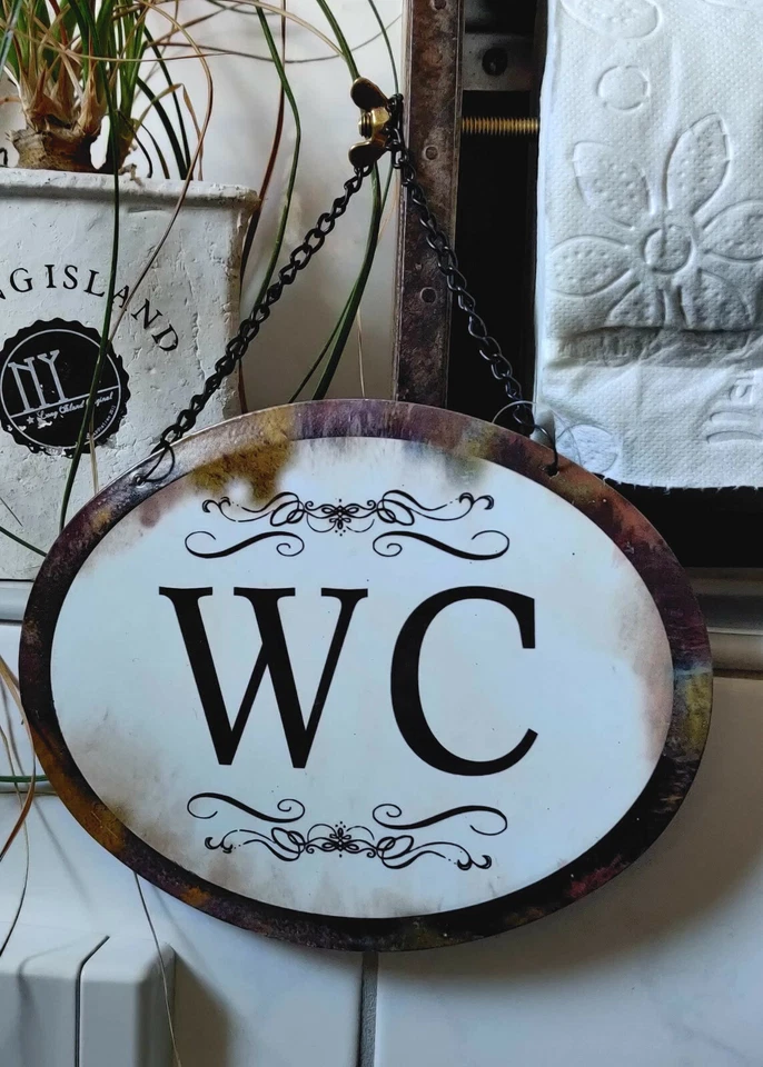 WC  Blechschild Vintage Brocante zum hängen mit Kette Landhausstil  17 x 13 cm - Bild 1 von 1