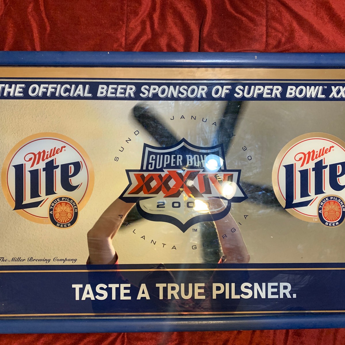 VTG Super Bowl 34 Miller Lite Framed Mirror Beer Sign 32X21 NFL