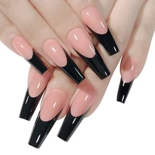 24Pcs Long Black Ballerina Fake False Nails Coffin Shape Press On Nails