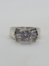 Sterling Silver 925 Round CZ 7mm  Baguette Ring Size 7