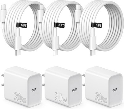 20W USB-C Charger Block 3-Pack with 6FT Cable for iPhone 15/16/17 Fast Charging