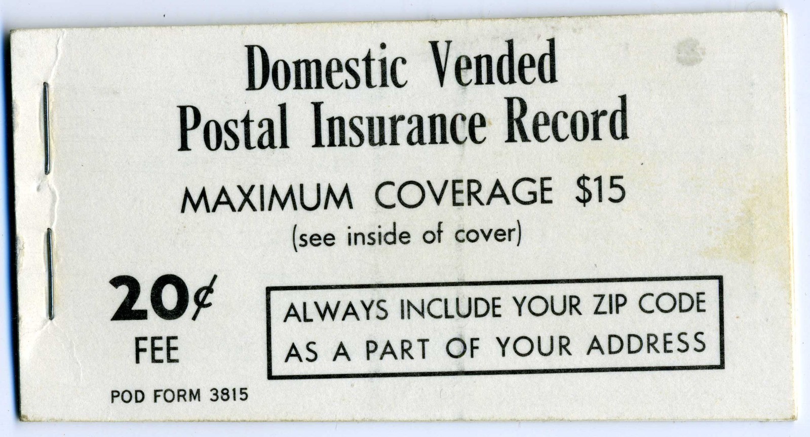 USA 1966 20¢ Vending Postal Insurance Booklet Scott Q12 MNH E737