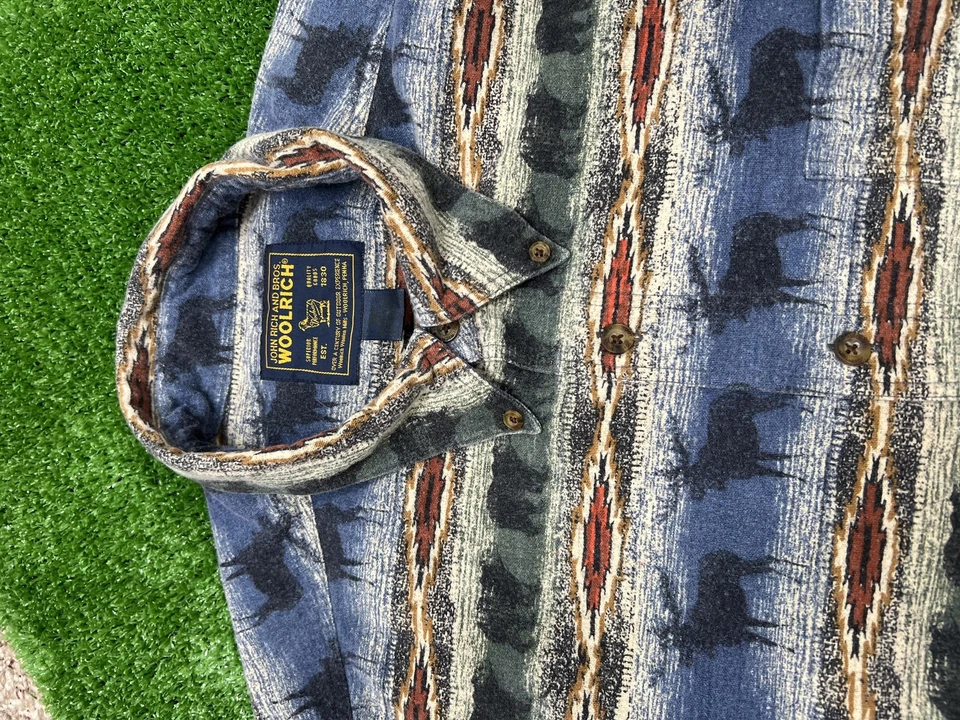 Camisa Woolrich Para Hombres 2XL Azul Verde Suroeste Alce Franela Azteca Abotonada Foto 3 de 4