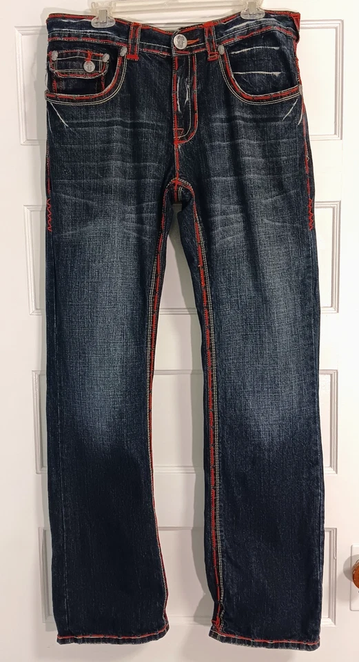 Pantalones de mezclilla vintage Y2K Bootcut 36 x 34 calavera puntada gruesa bordados desvanecimiento bigotes Foto 2 de 4