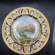 Antiker Aynsley R.J. Keeling handbemalter Landschaft Teller vergoldet Kobalt 26 cm