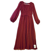 NWT ASOS DESIGN Maxi Dress Sz 4 Burgundy Pleated Metallic Dobby Long Sleeve Boho