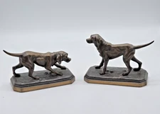 Pair Vintage Bronzed Spelter Hunting Dogs Pointers Setters Bookends Art Deco