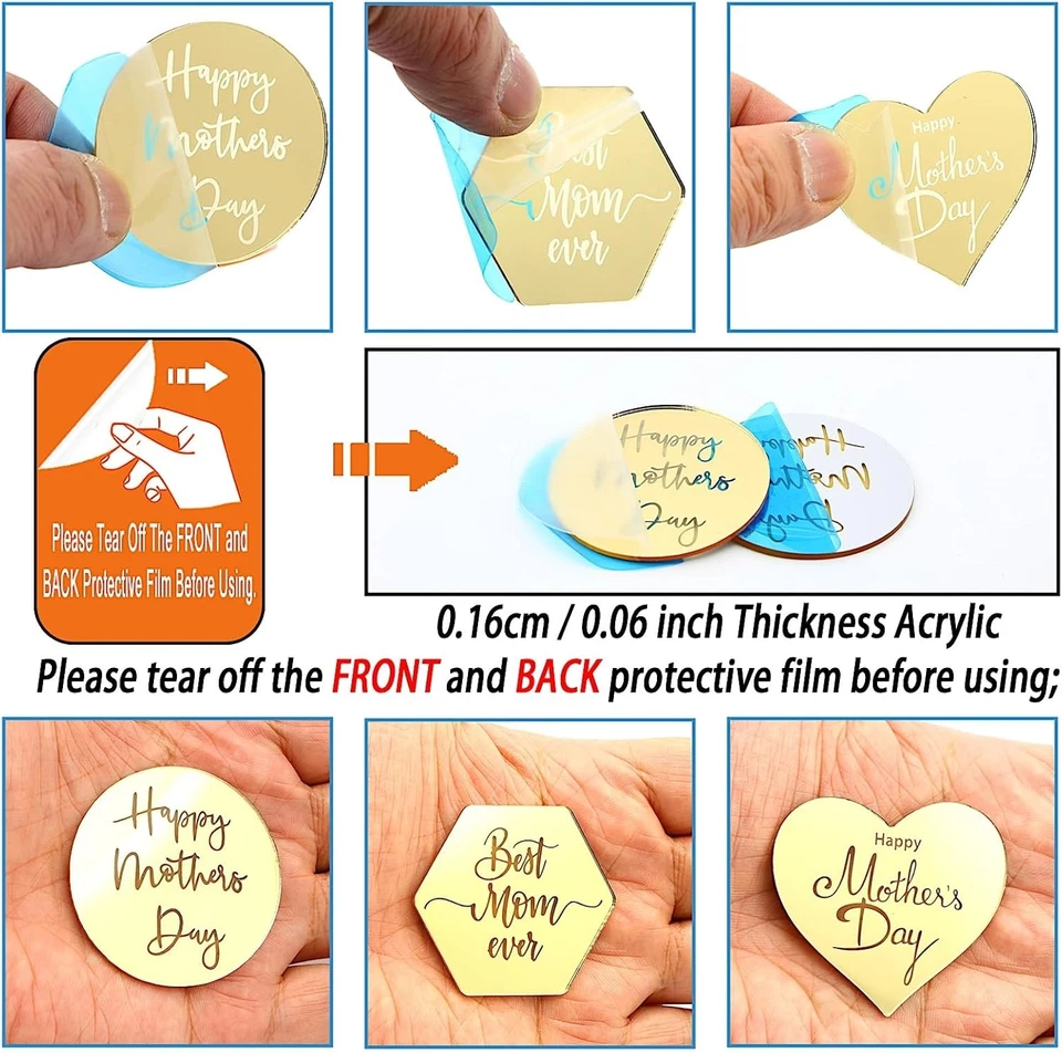 Toppers de cupcake feliz dia das mães, 24 peças acrílico espelho dourado, círculo hexago - Imagem 4 de 4