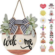 Interchangeable Seasonal Welcome Sign Front Door Decoration Rustic round Wood Wr