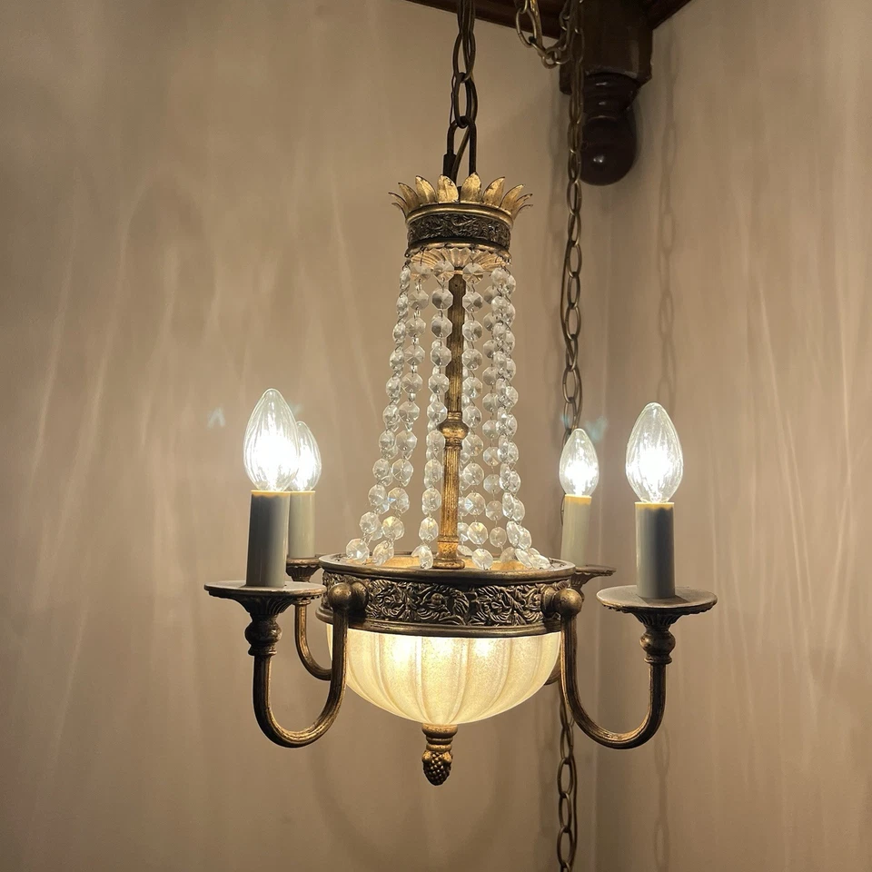 Vintage Art Noveau Brass Crystal Chandelier Light Fixture 4 Arm Candelabra Style - Image 3 of 4