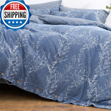 Oreise Duvet Cover Set King Size Washed Cotton Yarn Jacquard Blue And White