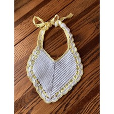 Handmade Vintage Crochet Baby Bib Yellow Ribbon Trim Infant Size Diamond Shape