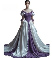 Elegant Purple/White Gothic Wedding Dress Short Sleeve Lace Medieval Bride Dress