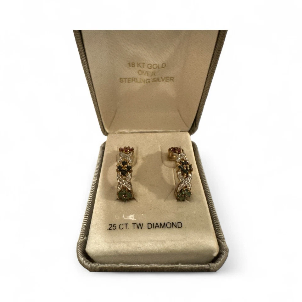 18kGold Over Sterling Silver Natural Ruby  Sapphire Emerald Flower Hoop Earrings - Image 3 of 4