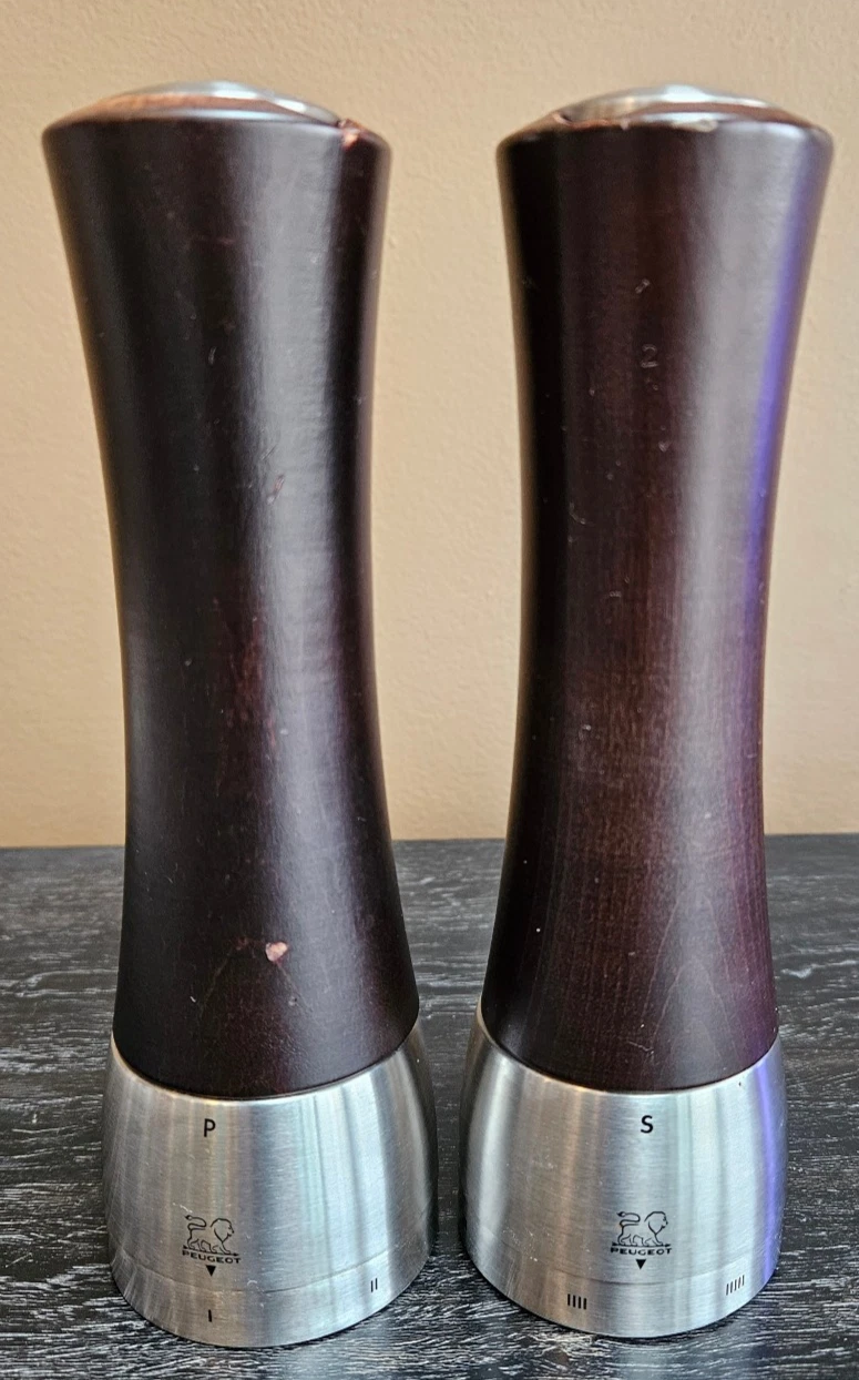 Peugeot France Wood Stainless Salt Pepper Grinders Set P S Model 25229