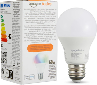 Amazon Basics Smarte Led-Glühbirne, Farbenwechselnd, E27, 8W (Entspricht 60W), F