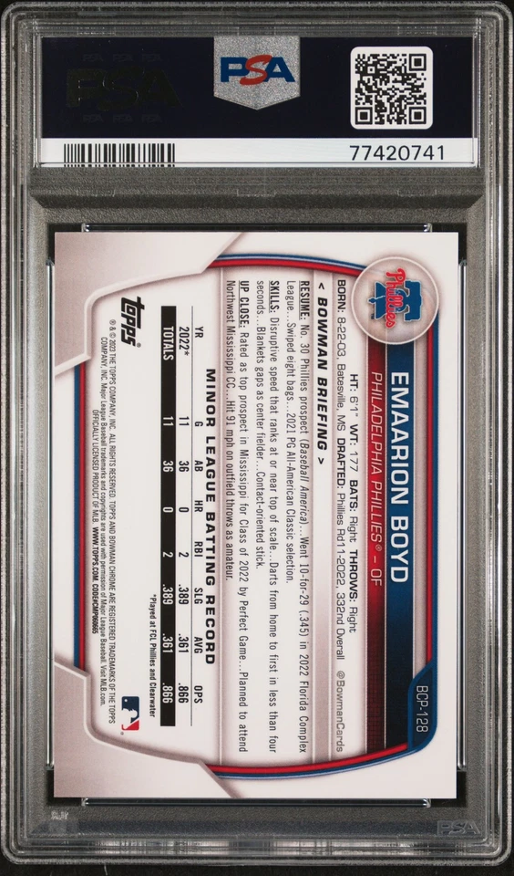 Emaarion Boyd 2023 Bowman Chrome #BCP128 Purple RayWave 113/250 PSA 10 - Image 2 of 2