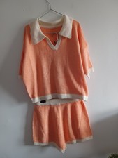 Coral And Cream Knitted Top And Shorts Set New Medium