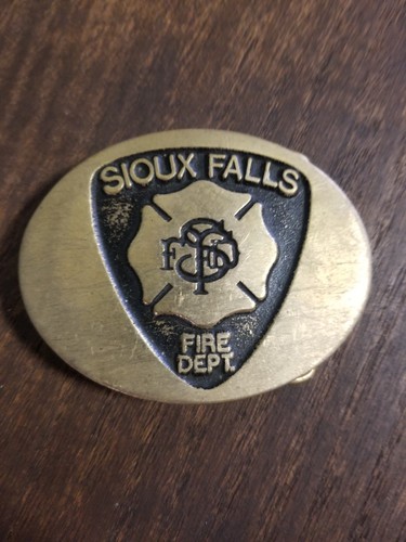 Vintage Sioux Falls Fire Department Brass Belt Buckle by Dynabuckle